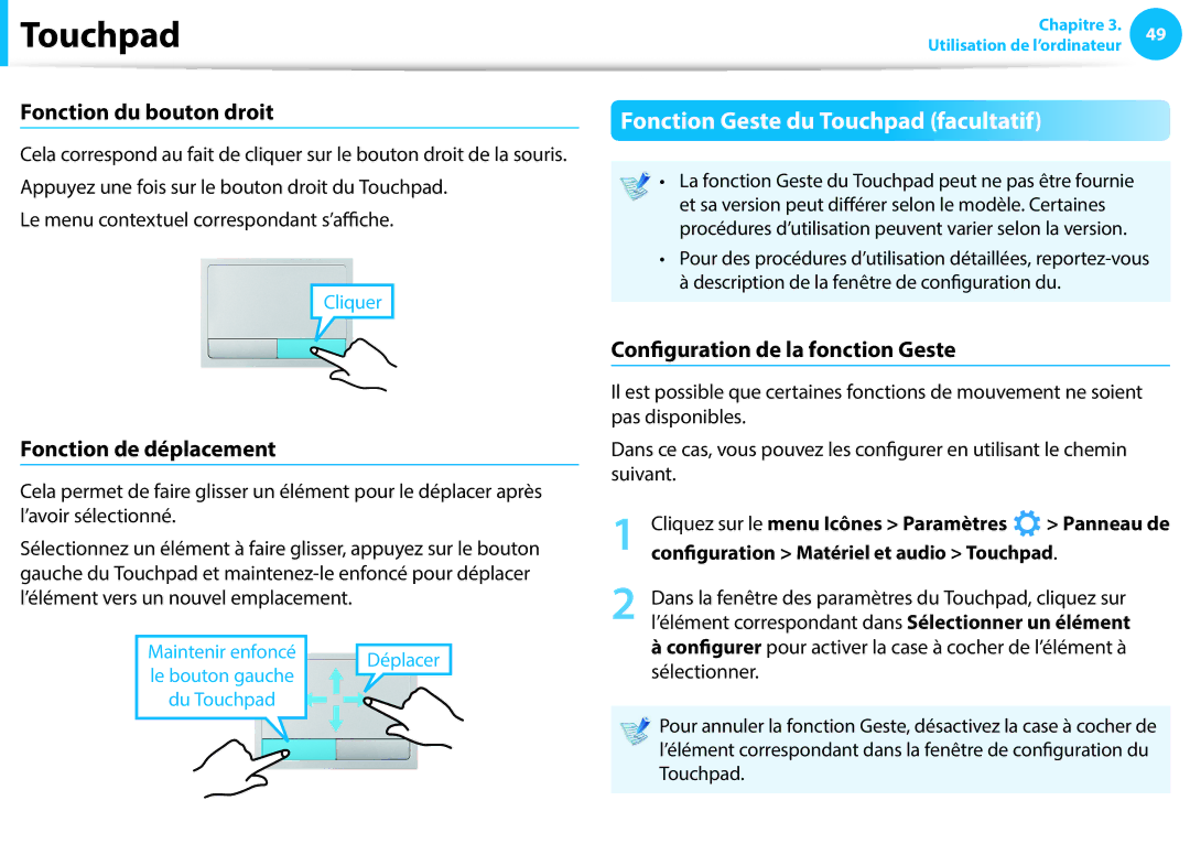 Samsung NP900X3G-K01FR manual Fonction Geste du Touchpad facultatif, Fonction du bouton droit, Fonction de déplacement 