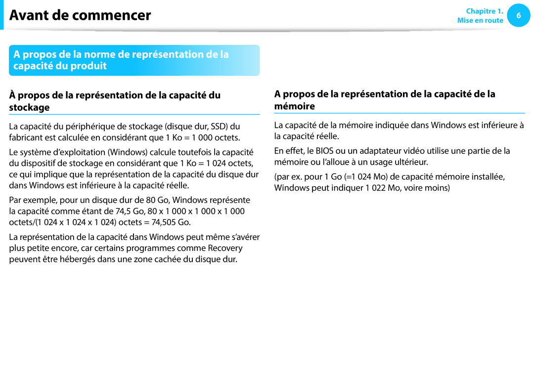 Samsung NP270E5E-K02FR, NP940X3G-K02FR, NP905S3G-K06FR manual Propos de la représentation de la capacité du stockage 