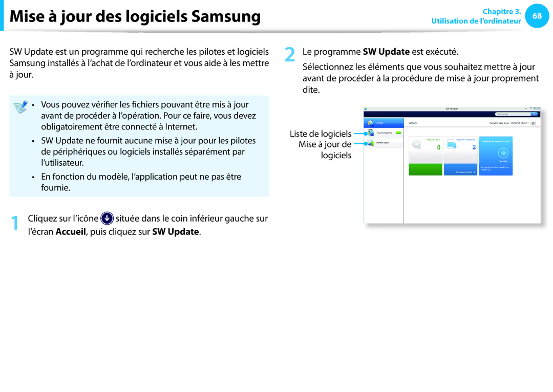 Samsung NP910S5J-K02FR, NP940X3G-K02FR, NP905S3G-K06FR, NP270E5E-X05FR manual Le programme SW Update est exécuté, Logiciels 