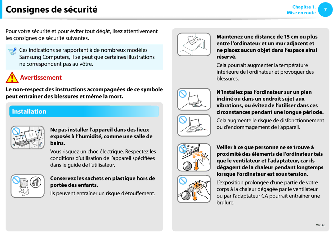 Samsung NP470R5E-X01FR, NP940X3G-K02FR Consignes de sécurité, Installation, Ils peuvent entraîner un risque d’étouffement 