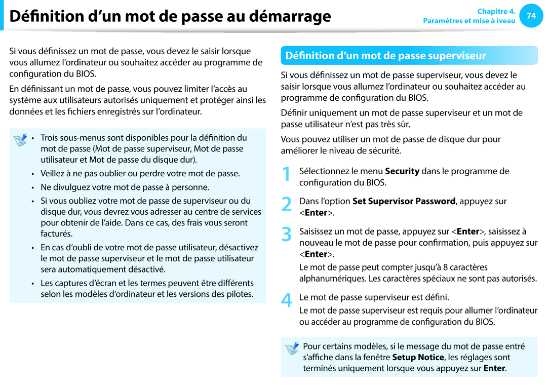 Samsung NP450R5E-X01FR manual Définition d’un mot de passe au démarrage, Définition d’un mot de passe superviseur, Enter 