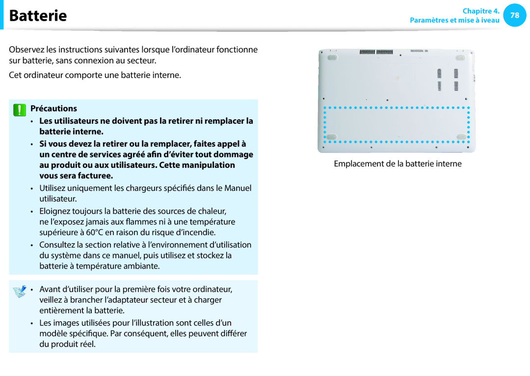 Samsung NP450R5G-X03FR, NP940X3G-K02FR, NP905S3G-K06FR, NP270E5E-X05FR manual Batterie, Emplacement de la batterie interne 