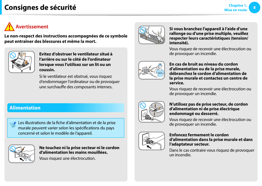 Samsung NP450R5E-X03FR, NP940X3G-K02FR manual Alimentation, Le non-respect des instructions accompagnées de ce symbole 