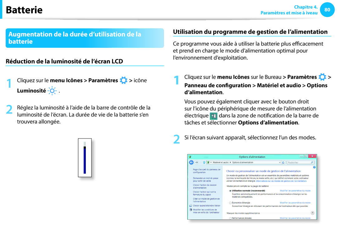 Samsung NP915S3G-K03FR Augmentation de la durée d’utilisation de la batterie, Réduction de la luminosité de l’écran LCD 