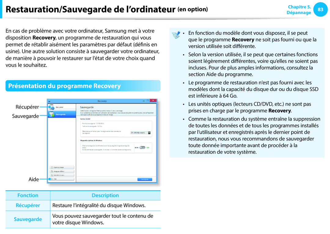 Samsung NP905S3G-K01FR manual Restauration/Sauvegarde de l’ordinateur en option, Présentation du programme Recovery 