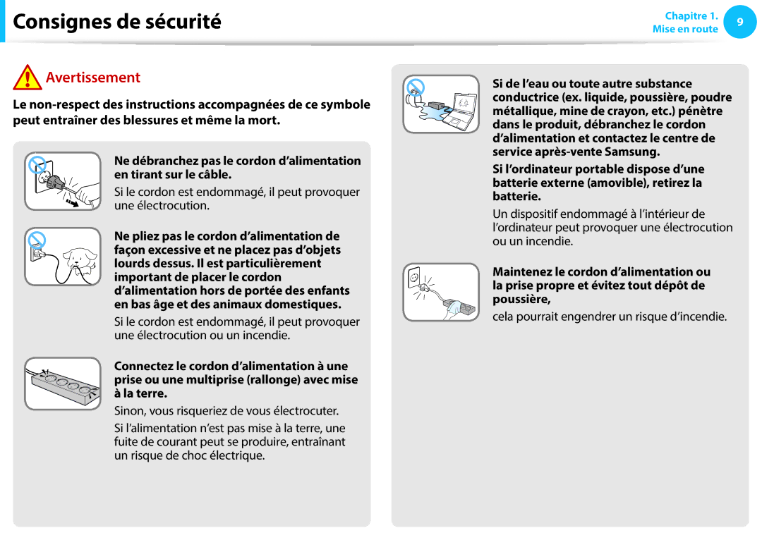 Samsung NP940X3G-K03FR, NP940X3G-K02FR, NP905S3G-K06FR, NP270E5E-X05FR manual Cela pourrait engendrer un risque d’incendie 