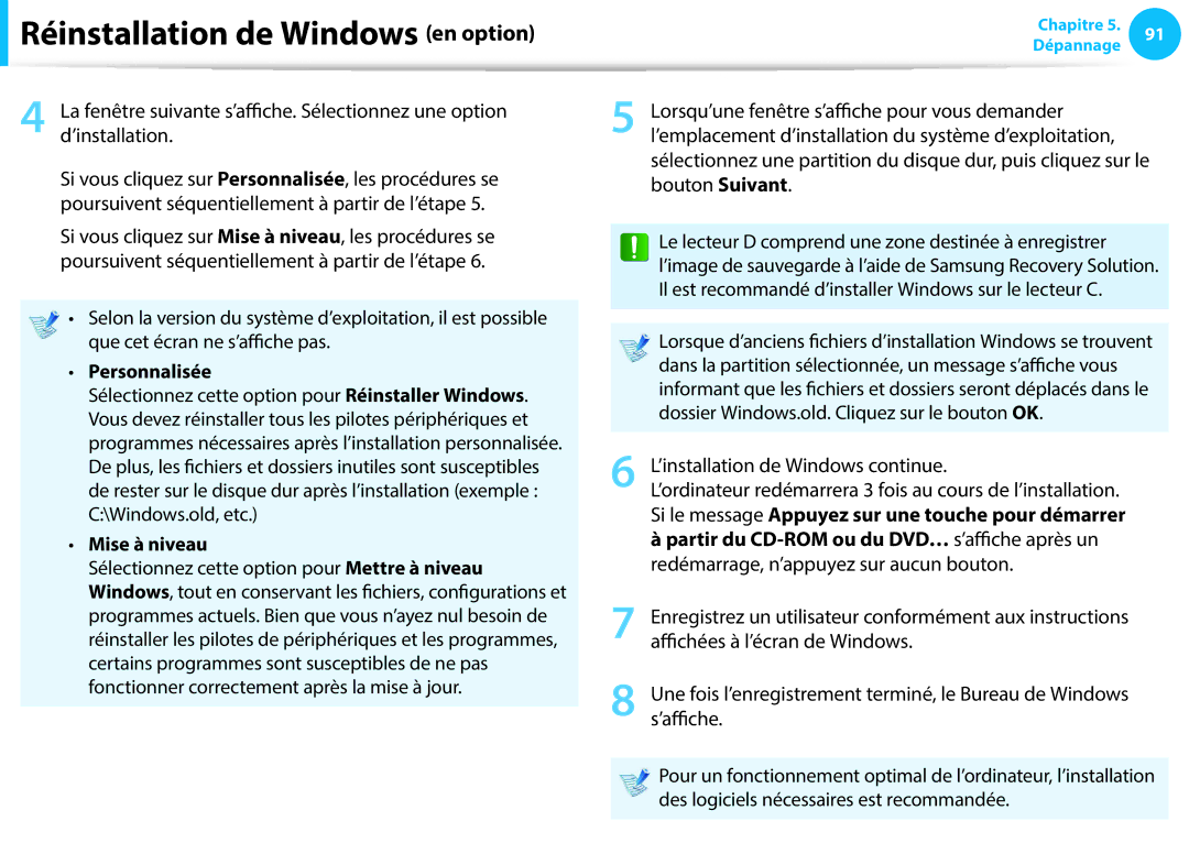 Samsung NP870Z5G-X01FR, NP940X3G-K02FR, NP905S3G-K06FR manual Personnalisée, Mise à niveau, ’installation de Windows continue 