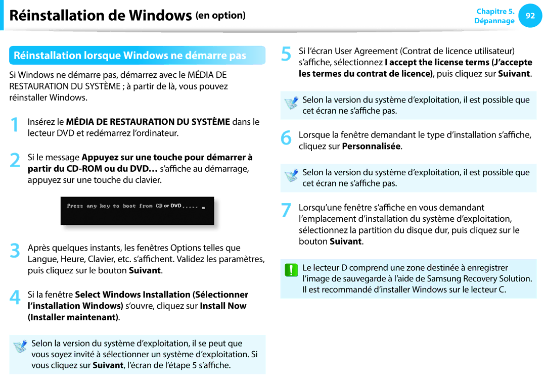 Samsung NP275E5E-K01FR, NP940X3G-K02FR Réinstallation lorsque Windows ne démarre pas, Puis cliquez sur le bouton Suivant 