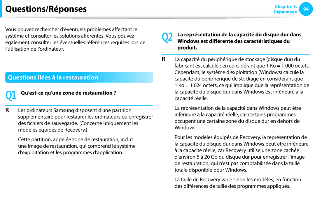 Samsung NP270E5E-K09FR Questions/Réponses, Questions liées à la restauration, Q1 Qu’est-ce qu’une zone de restauration ? 