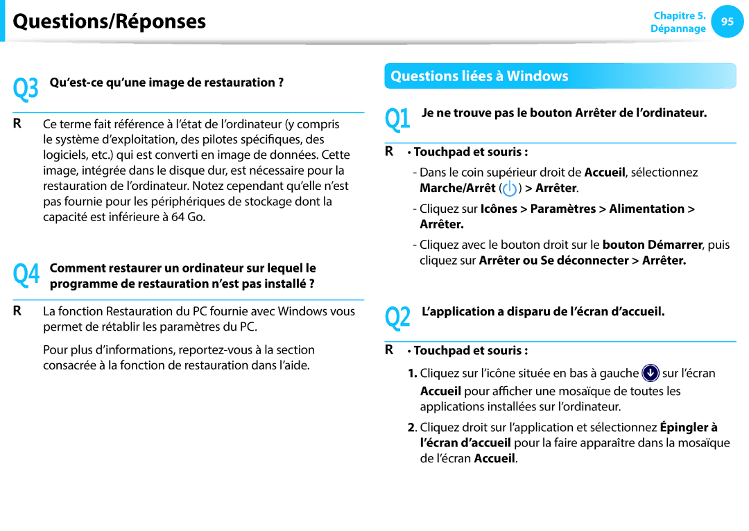 Samsung NP275E5E-K02FR, NP940X3G-K02FR manual Questions liées à Windows, Q3 Qu’est-ce qu’une image de restauration ? 