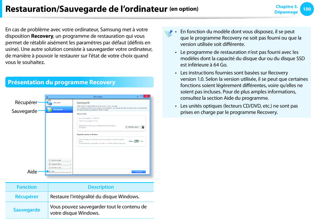 Samsung NP270E5E-X08FR manual Restauration/Sauvegarde de l’ordinateur en option, Présentation du programme Recovery 