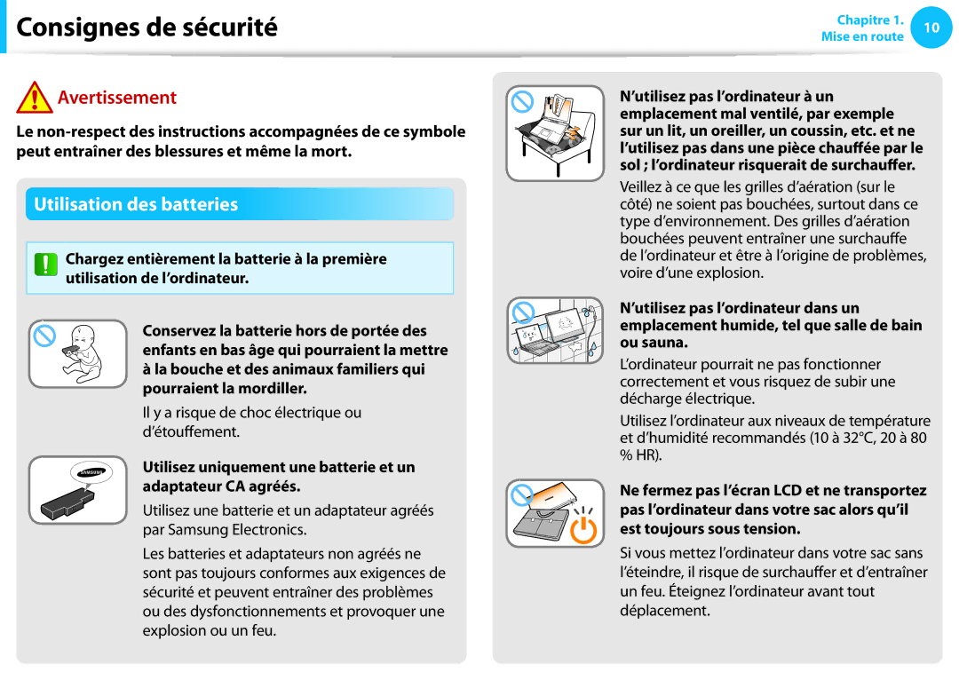 Samsung NP270E5E-K05FR, NP940X3G-K02FR manual Utilisation des batteries, Il y a risque de choc électrique ou d’étouffement 