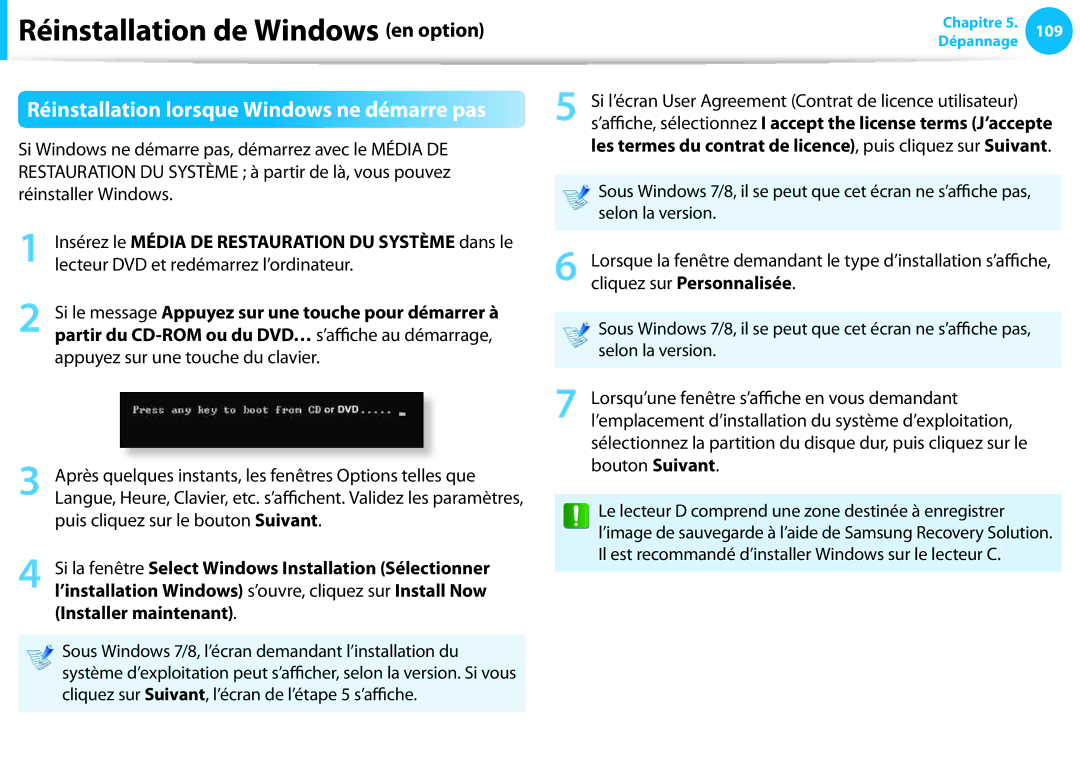 Samsung NP300E7A-A04FR, NP940X3G-K02FR Réinstallation lorsque Windows ne démarre pas, Puis cliquez sur le bouton Suivant 