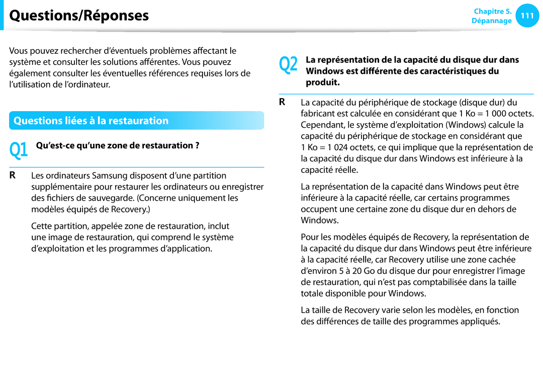 Samsung NP915S3G-K06FR Questions/Réponses, Questions liées à la restauration, Q1 Qu’est-ce qu’une zone de restauration ? 