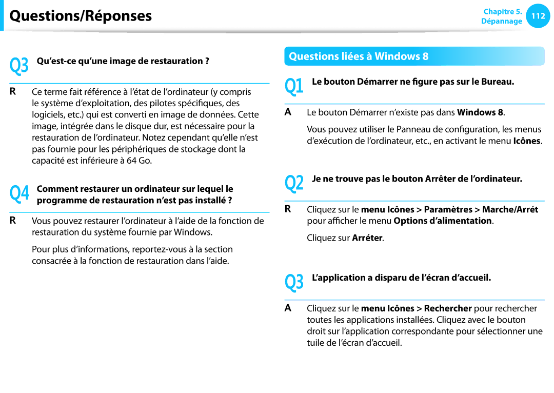 Samsung NP915S3G-K01FR, NP940X3G-K02FR manual Questions liées à Windows, Q3 Qu’est-ce qu’une image de restauration ? 