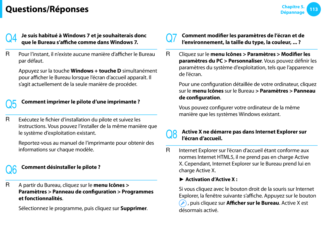 Samsung NP940X3G-K02FR manual Q5 Comment imprimer le pilote d’une imprimante ?, Q6 Comment désinstaller le pilote ? 