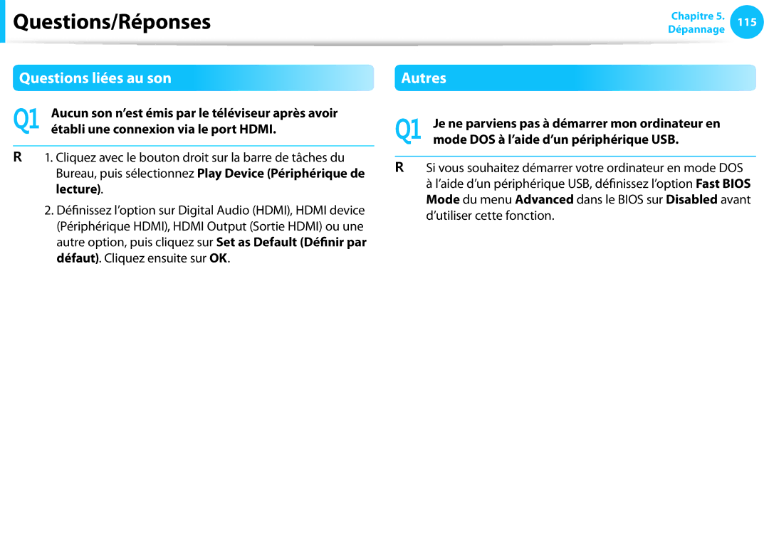 Samsung NP300E5A-S01FR, NP940X3G-K02FR manual Questions liées au son, Autres, Mode DOS à l’aide d’un périphérique USB 