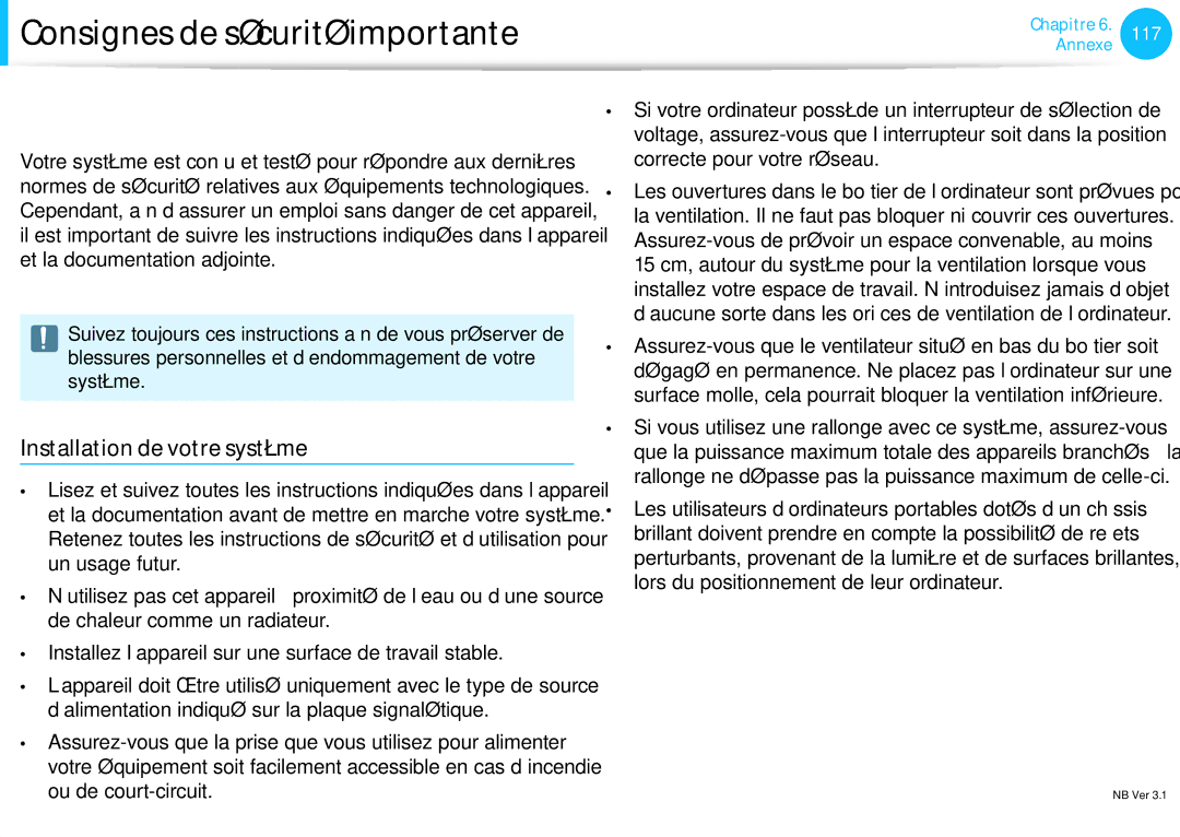 Samsung NP270E5E-K06FR manual Consignes de sécurité importante, Mesures de sécurité, Installation de votre système 