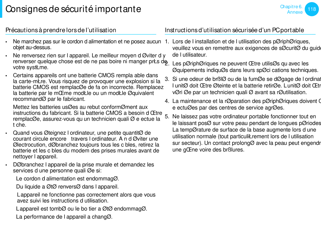 Samsung NP270E5E-K03FR Précautions à prendre lors de l’utilisation, Instructions d’utilisation sécurisée d’un PC portable 