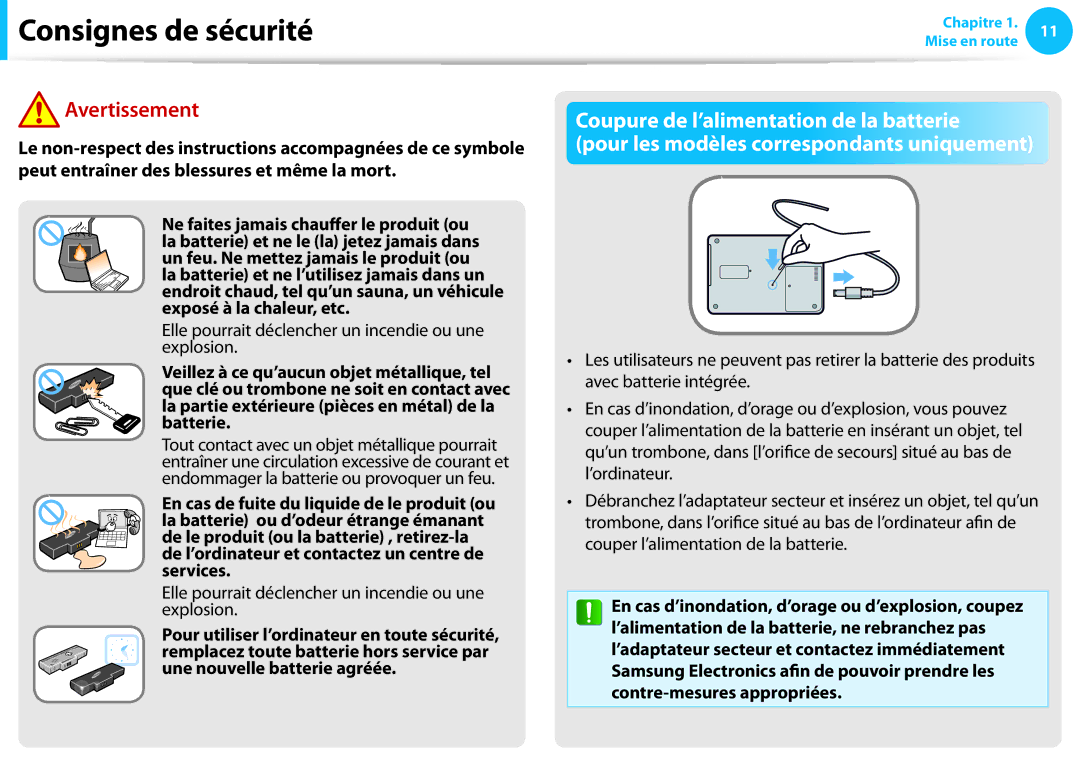 Samsung NP270E5E-K02FR Coupure de l’alimentation de la batterie, Elle pourrait déclencher un incendie ou une explosion 