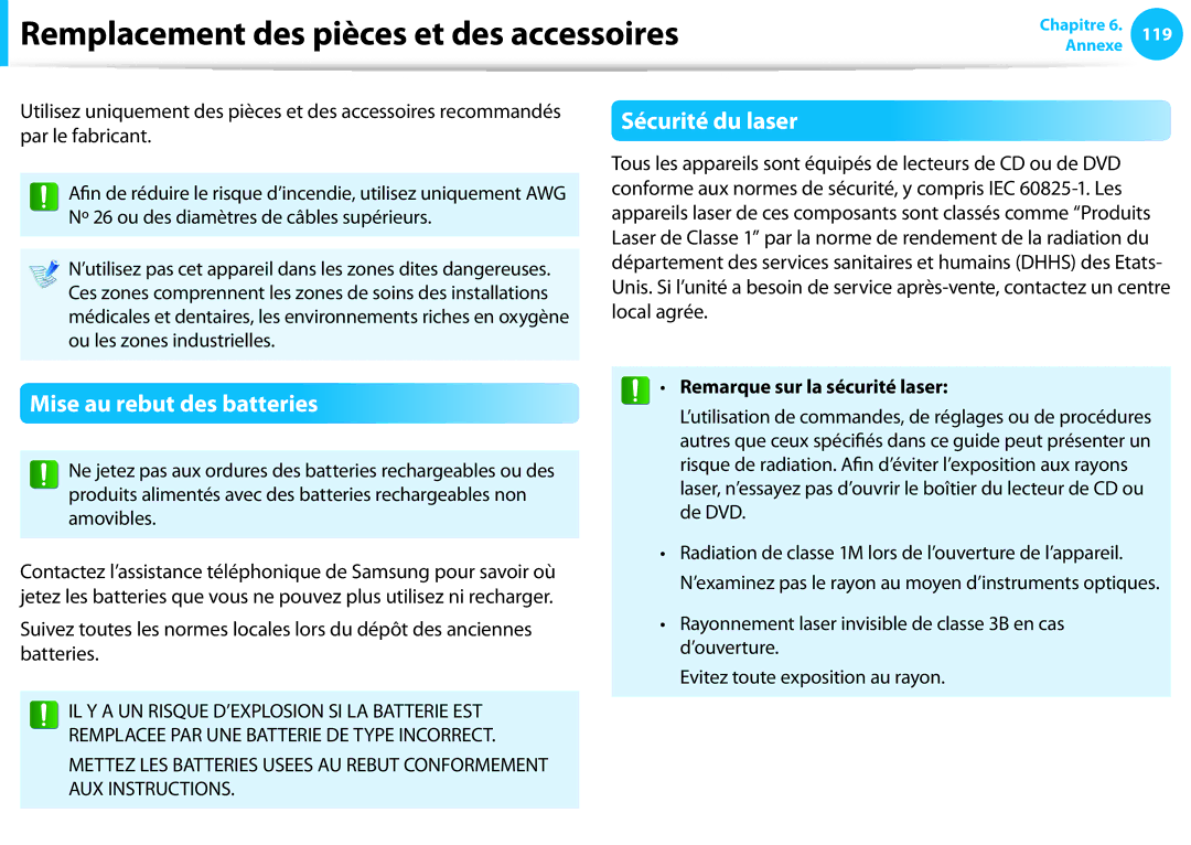 Samsung NP300E5C-T06FR manual Remplacement des pièces et des accessoires, Sécurité du laser, Mise au rebut des batteries 