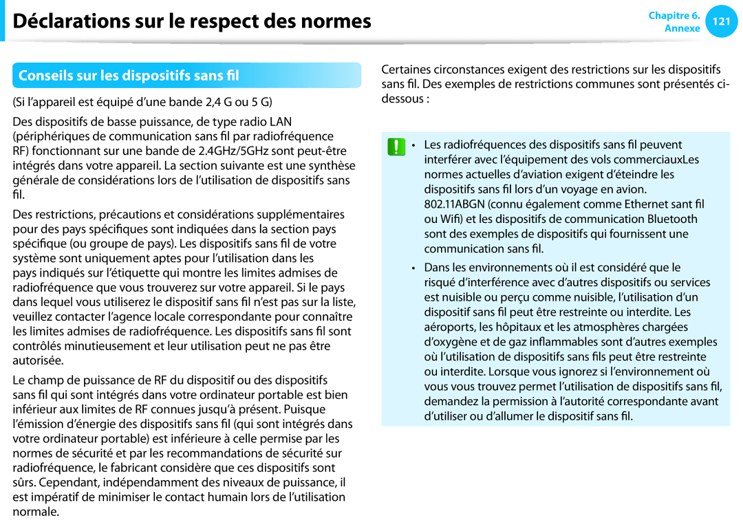 Samsung NP300E7A-S08FR, NP940X3G-K02FR manual Déclarations sur le respect des normes, Conseils sur les dispositifs sans fil 