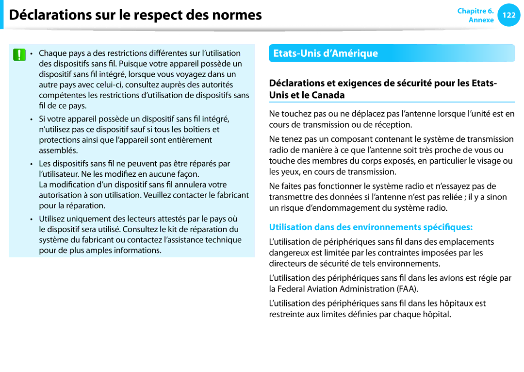 Samsung NP550P5C-T01FR, NP940X3G-K02FR, NP905S3G-K06FR manual Déclarations sur le respect des normes, Etats-Unis d’Amérique 