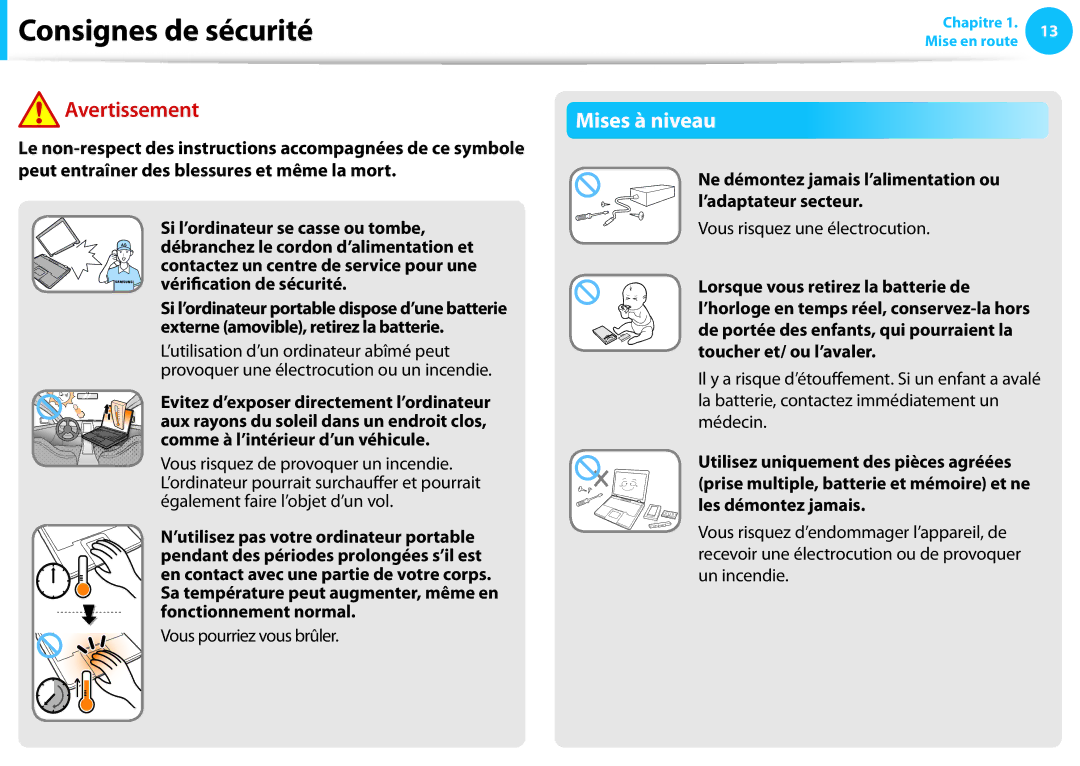 Samsung NP300E5A-S0AFR, NP940X3G-K02FR, NP905S3G-K06FR, NP300E5A-S01FR manual Mises à niveau, Vous pourriez vous brûler 