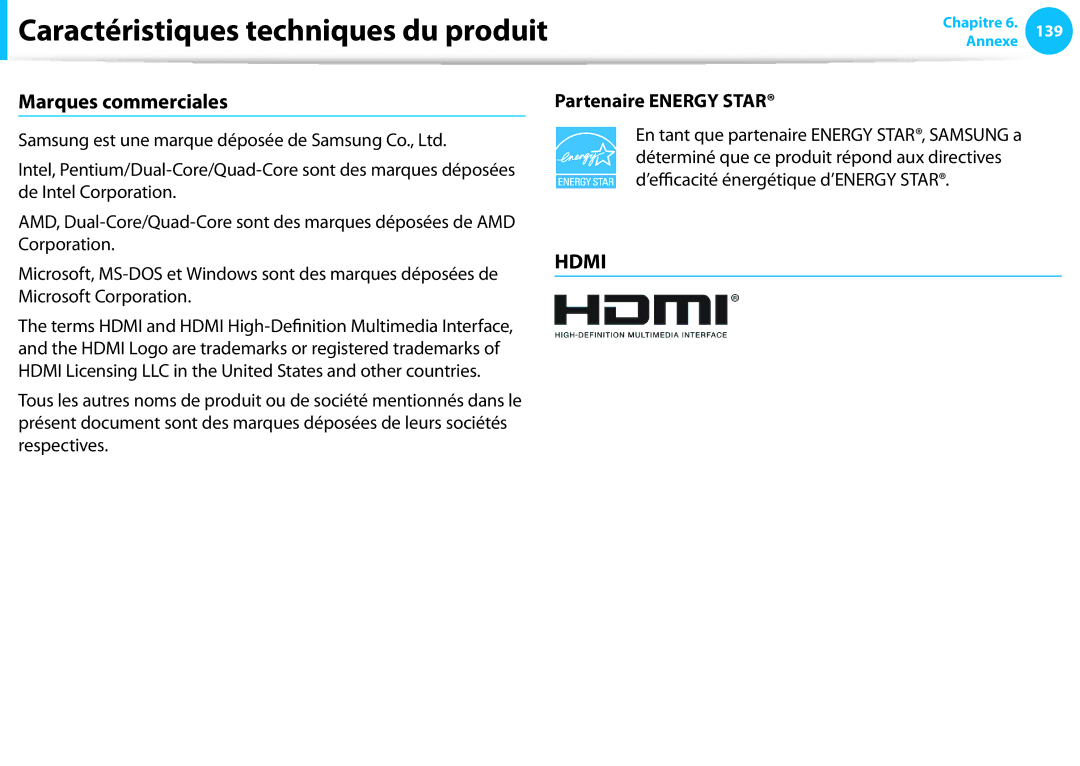 Samsung NP550P7C-T02FR, NP940X3G-K02FR manual Caractéristiques techniques du produit, Marques commerciales, Corporation 