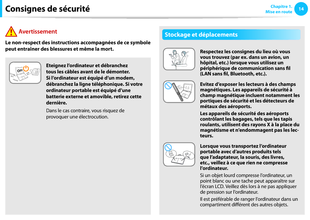 Samsung NP300E5C-S04FR, NP940X3G-K02FR, NP905S3G-K06FR, NP300E5A-S01FR, NP270E5E-X05FR manual Stockage et déplacements 