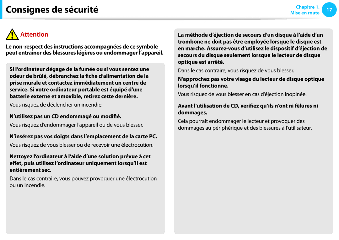 Samsung NP450R5E-X03FR ’utilisez pas un CD endommagé ou modifié, Vous risquez d’endommager l’appareil ou de vous blesser 