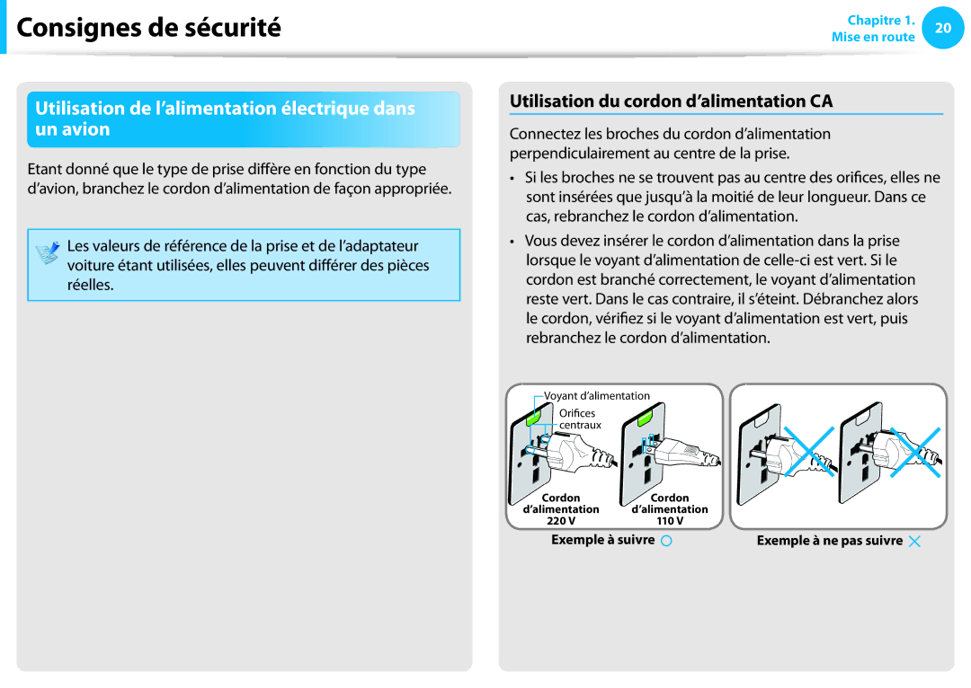 Samsung NP550P5C-T05FR Utilisation de l’alimentation électrique dans un avion, Utilisation du cordon d’alimentation CA 