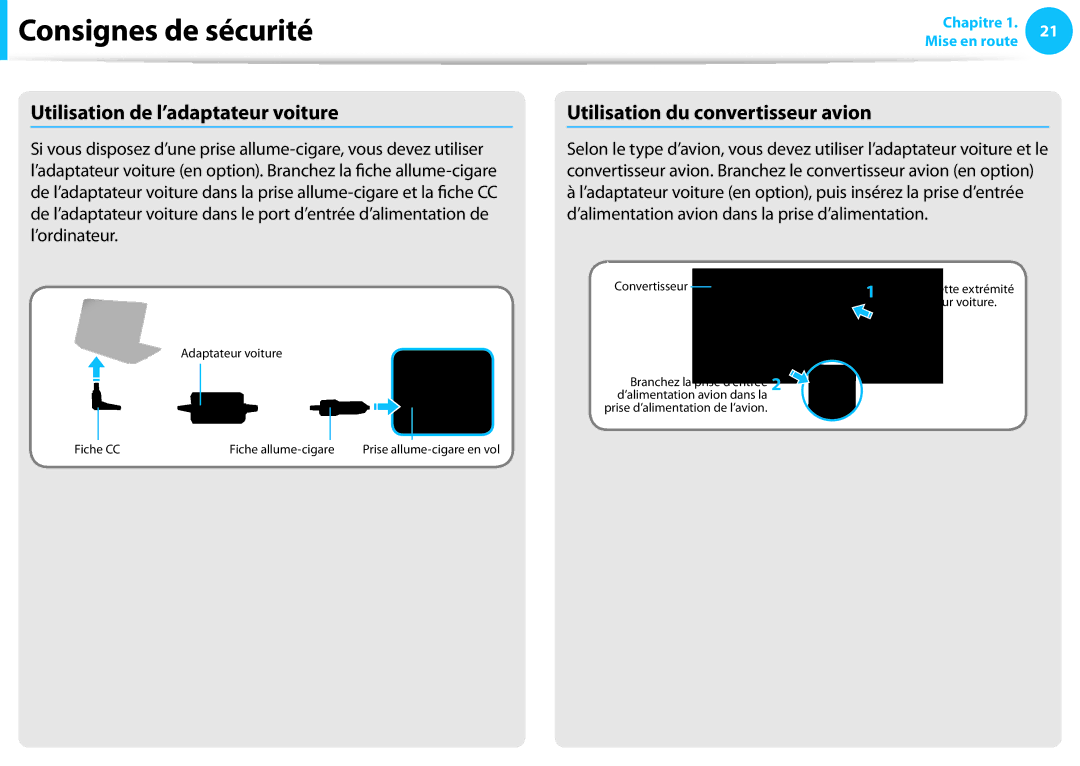 Samsung NP940X3G-K03FR, NP940X3G-K02FR manual Utilisation de l’adaptateur voiture, Utilisation du convertisseur avion 