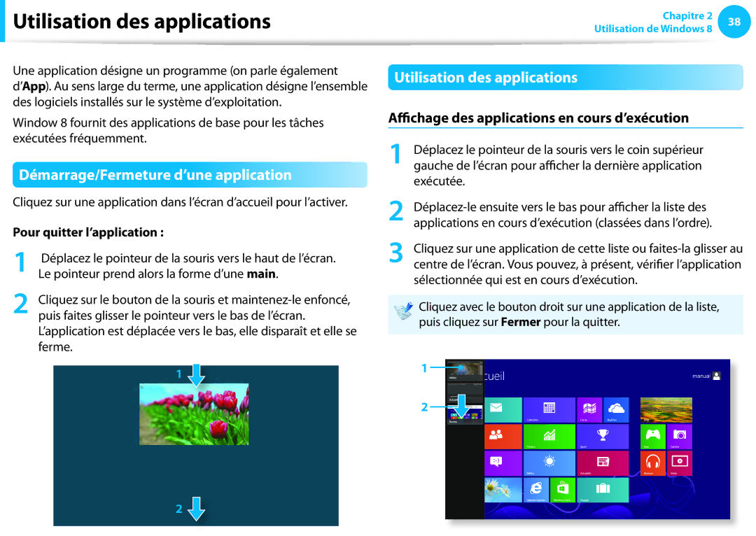 Samsung NP550P5C-T06FR Utilisation des applications, Démarrage/Fermeture d’une application, Pour quitter l’application 