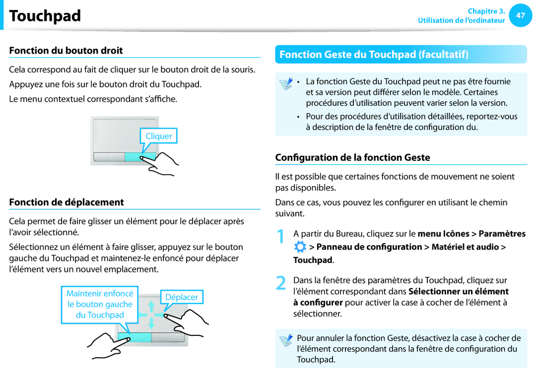 Samsung NP270E5G-K03FR manual Fonction Geste du Touchpad facultatif, Fonction du bouton droit, Fonction de déplacement 