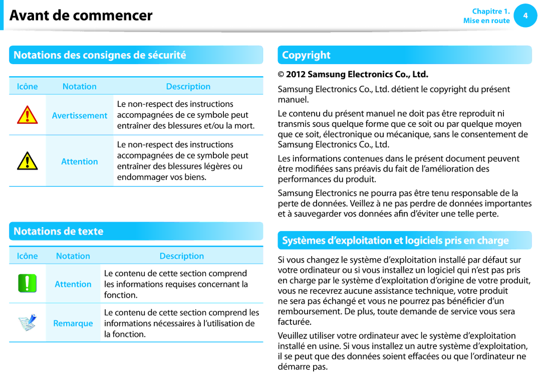 Samsung NP270E5E-K03FR, NP940X3G-K02FR Notations des consignes de sécurité, Notations de texte, Copyright, Icône Notation 