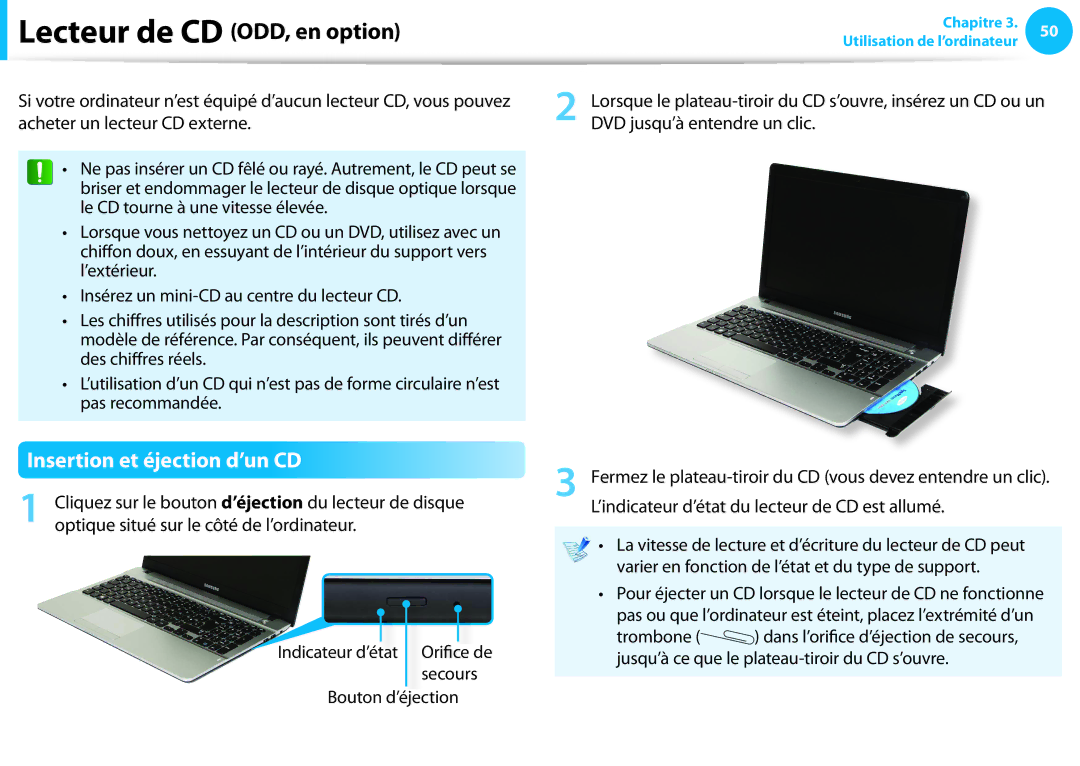 Samsung NP305E5A-A02FR, NP940X3G-K02FR, NP905S3G-K06FR manual Lecteur de CD ODD, en option, Insertion et éjection d’un CD 