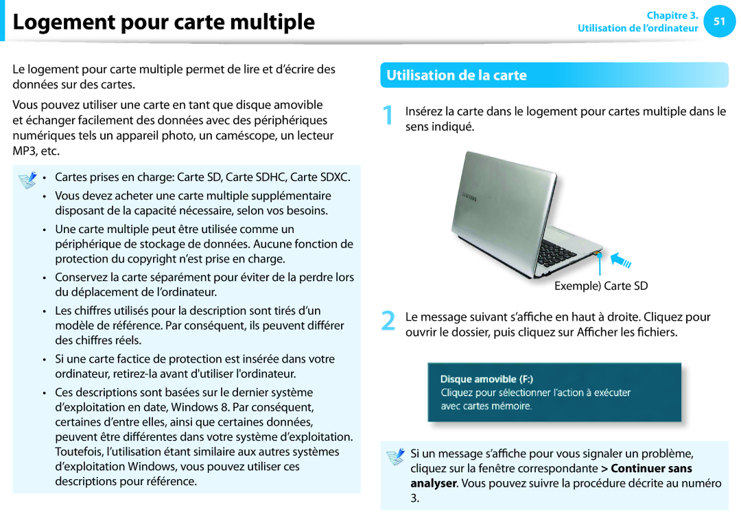 Samsung NP550P7C-T05FR, NP940X3G-K02FR, NP905S3G-K06FR, NP300E5A-S01FR Logement pour carte multiple, Utilisation de la carte 