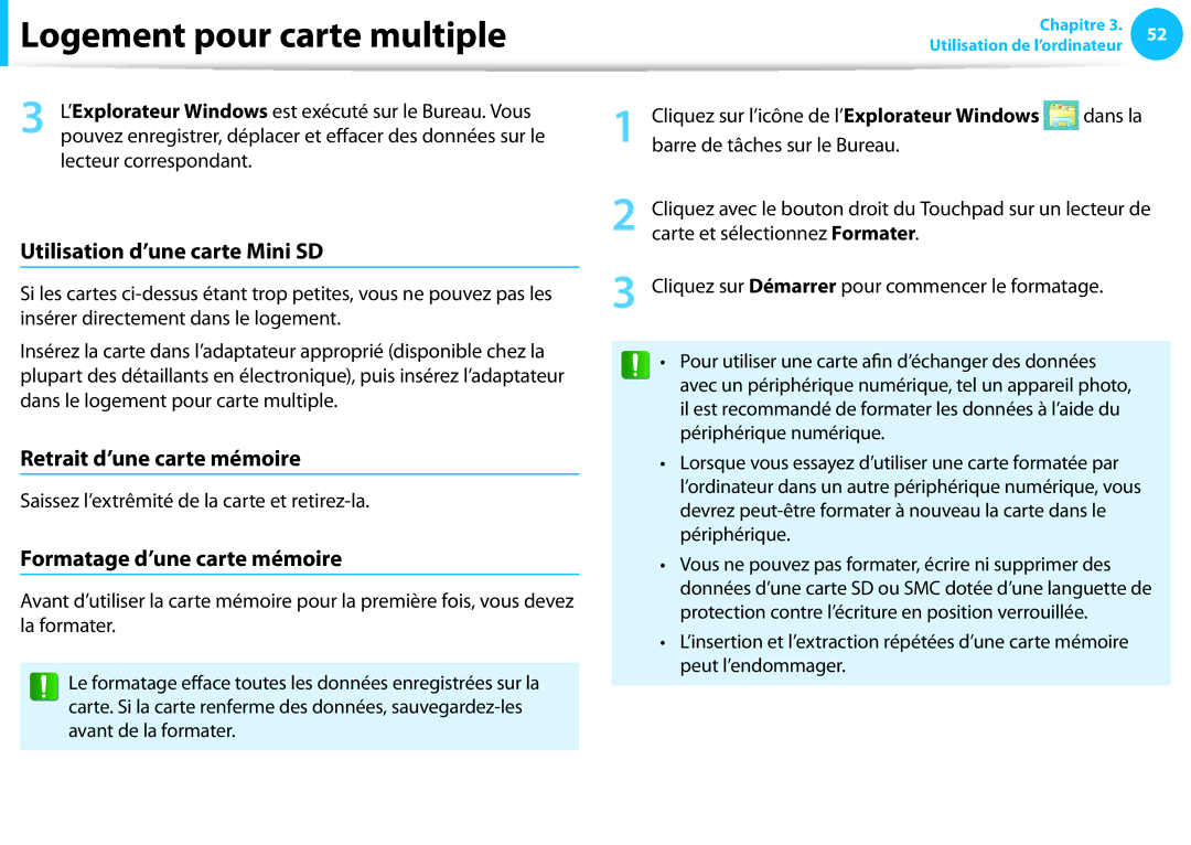 Samsung NP450R5E-X01FR manual Utilisation d’une carte Mini SD, Retrait d’une carte mémoire, Formatage d’une carte mémoire 