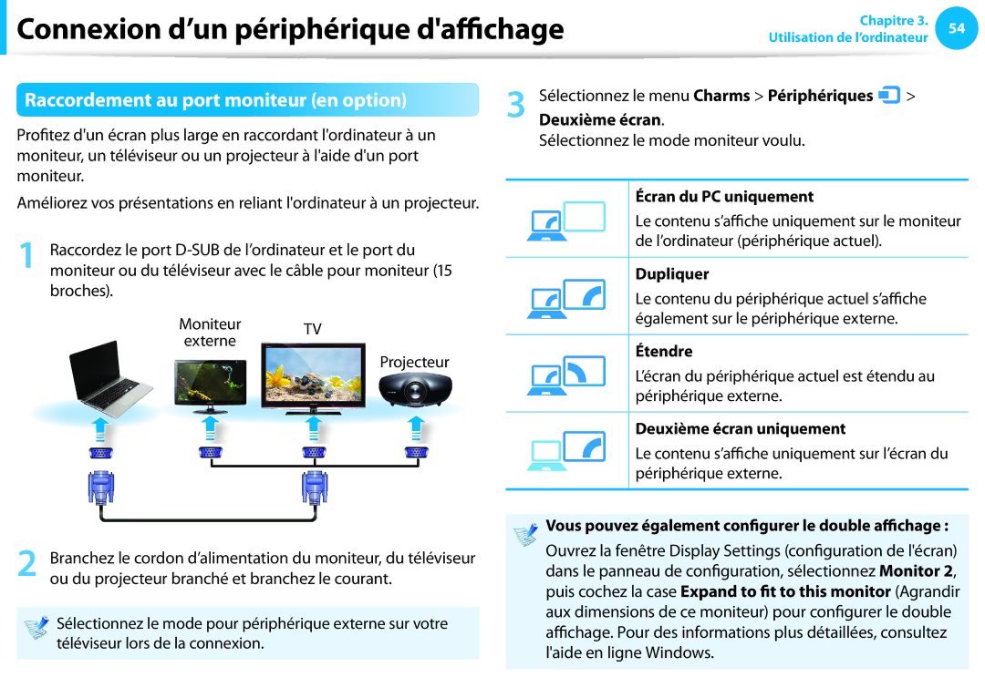 Samsung NP270E5G-K07FR, NP940X3G-K02FR, NP905S3G-K06FR, NP300E5A-S01FR manual Raccordement au port moniteur en option 