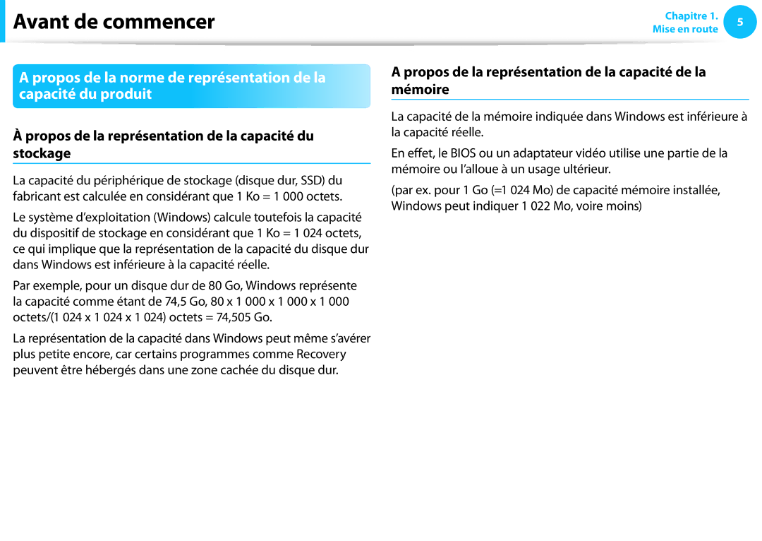 Samsung NP300E5C-T06FR, NP940X3G-K02FR, NP905S3G-K06FR manual Propos de la représentation de la capacité du stockage 