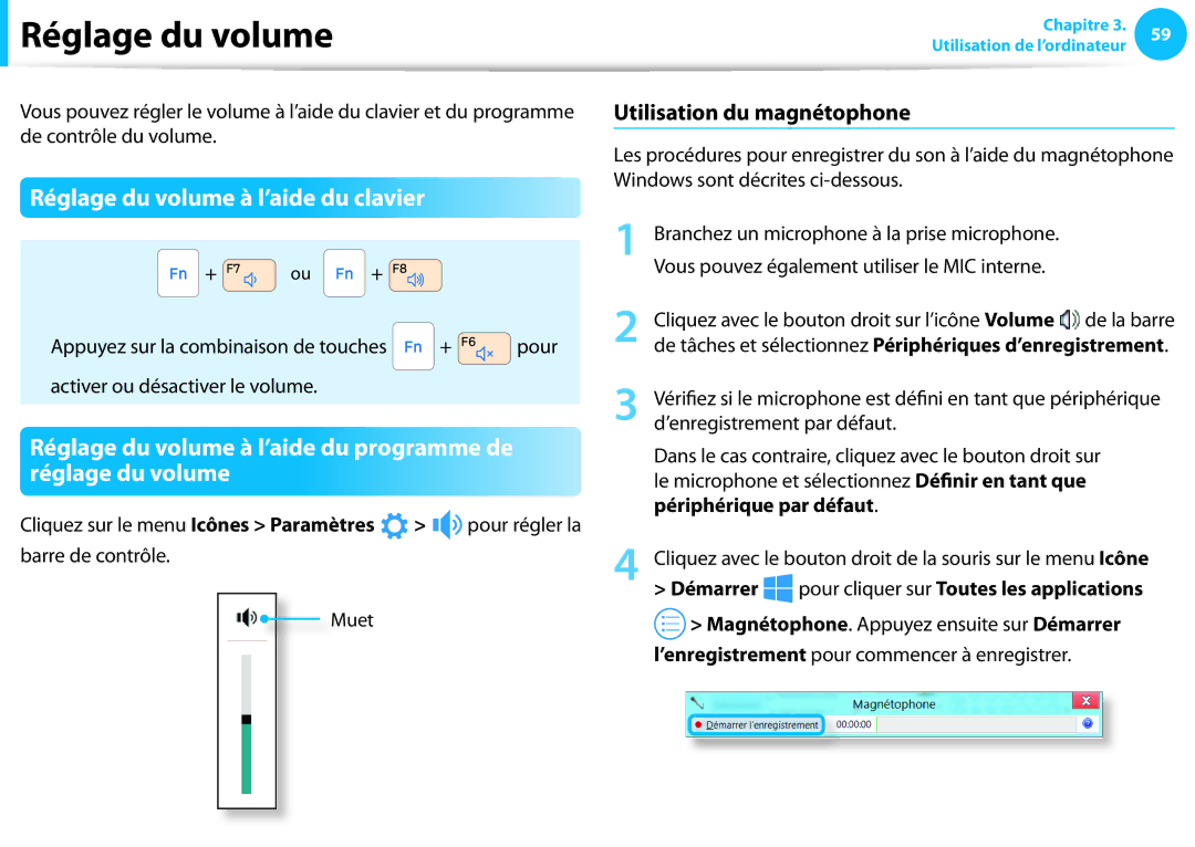 Samsung NP300E5C-AF1FR Réglage du volume à l’aide du clavier, Utilisation du magnétophone, Périphérique par défaut 