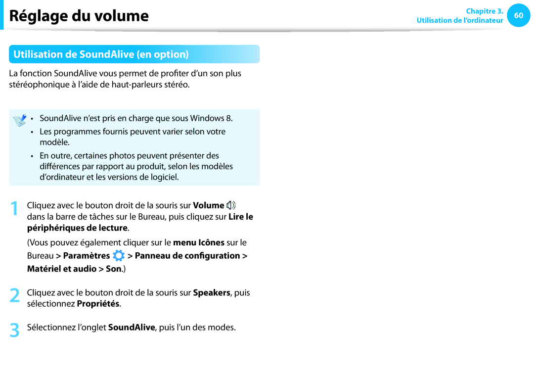 Samsung NP450R5G-X03FR, NP940X3G-K02FR Utilisation de SoundAlive en option, Périphériques de lecture, Bureau Paramètres 