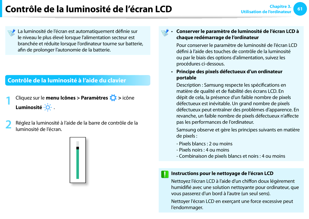 Samsung NP300E5A-S0EFR manual Contrôle de la luminosité de l’écran LCD, Contrôle de la luminosité à l’aide du clavier 