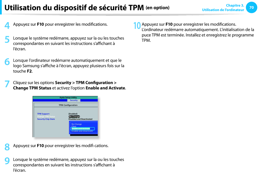 Samsung NP300E5C-S03FR, NP940X3G-K02FR, NP905S3G-K06FR manual Touche F2, Cliquez sur les options Security TPM Configuration 