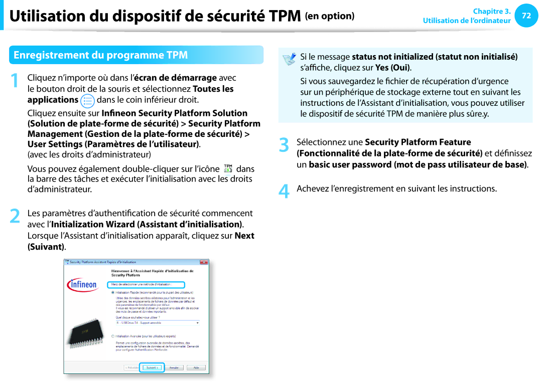 Samsung NP550P5C-T04FR manual Enregistrement du programme TPM, Applications, Sélectionnez une Security Platform Feature 