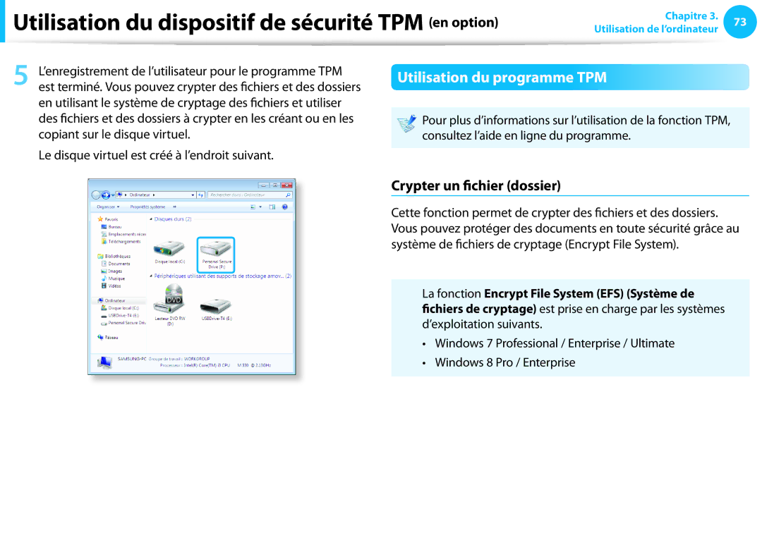 Samsung NP915S3G-K03FR, NP940X3G-K02FR, NP905S3G-K06FR manual Utilisation du programme TPM, Crypter un fichier dossier 