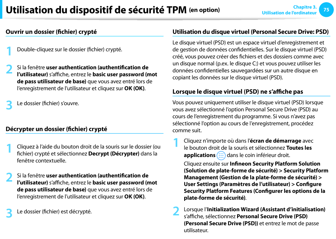 Samsung NP905S3G-K02FR, NP940X3G-K02FR Ouvrir un dossier fichier crypté, Lorsque le disque virtuel PSD ne s’affiche pas 