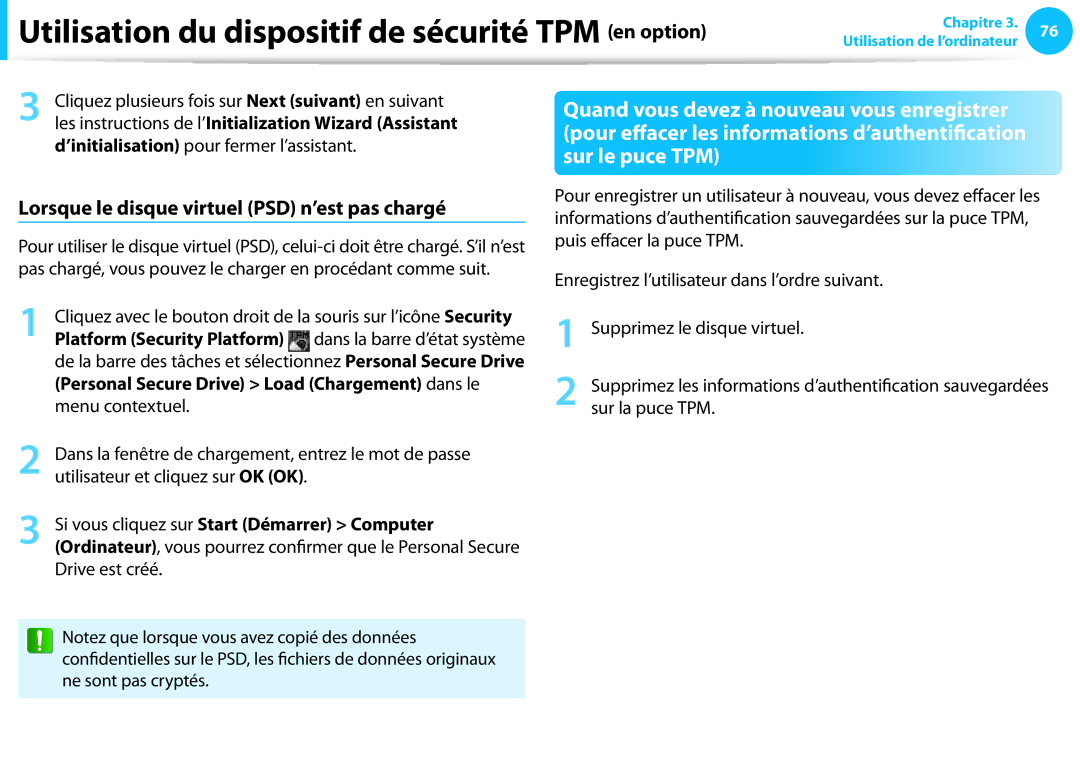 Samsung NP905S3G-K01FR, NP940X3G-K02FR manual Lorsque le disque virtuel PSD n’est pas chargé, Platform Security Platform 