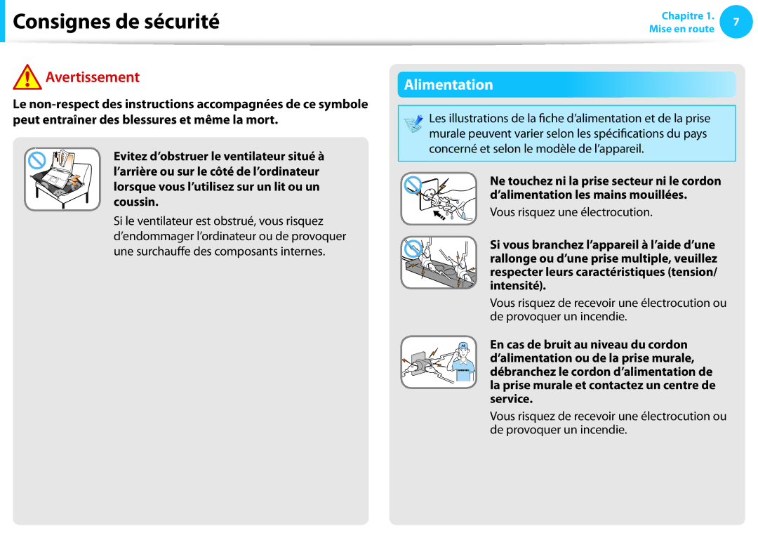 Samsung NP300E7A-S08FR, NP940X3G-K02FR, NP905S3G-K06FR, NP300E5A-S01FR manual Alimentation, Vous risquez une électrocution 